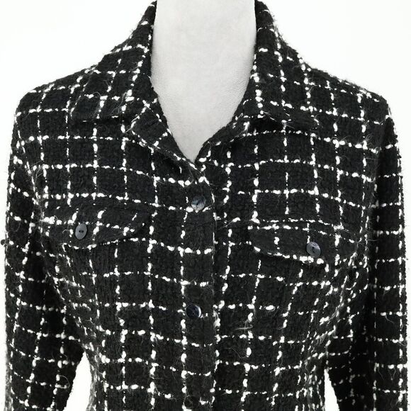 Chicos Jacket 1 Womens 8 Medium Black White Plaid Tweed Blazer Front Pockets - Picture 8 of 16